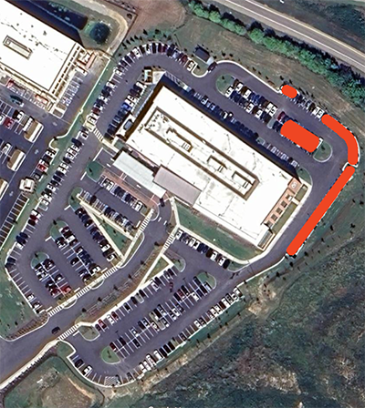 map of Westchester parking lot with red blocks showing blocked off spaces