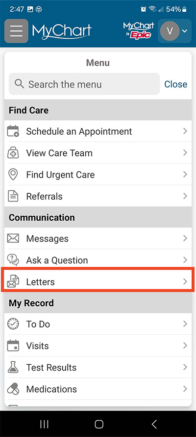 screenshot of MyChart mobile app menu with red box around letters