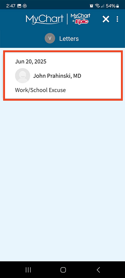 screenshot of MyChart mobile app with red box around a letter