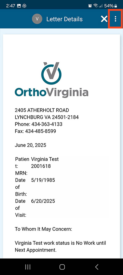 screenshot of MyChart mobile app showing a work/school excuse letter and a red box around a menu option