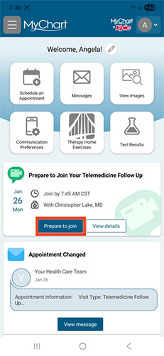 screenshot of Android MyChart mobile app with red box around Prepare to join button