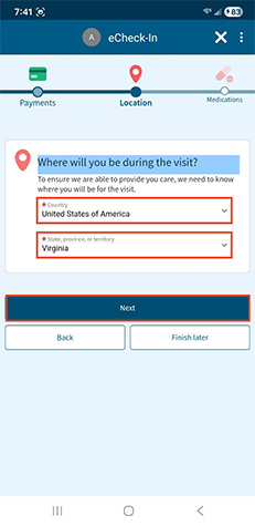 screenshot of Android MyChart mobile app with red boxes around location dropdowns and next button
