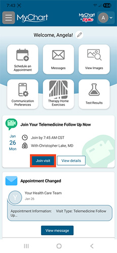 screenshot of Android MyChart mobile app with red box around Join visit button
