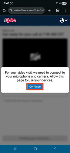 screenshot of Android MyChart mobile app with red box around continue button to grant permission to microphone and camera