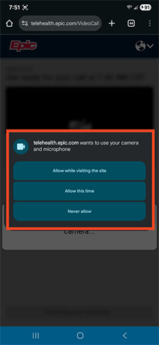 screenshot of Android MyChart mobile app with red box around button options to grant permission to microphone and camera