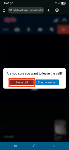 screenshot of Android MyChart app video call with red box around leave call button