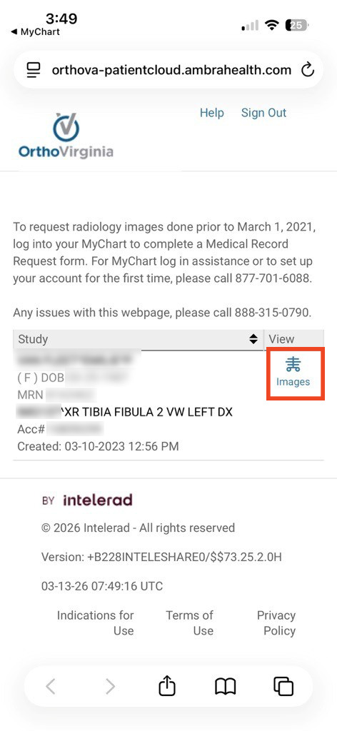 screenshot of MyChart mobile with red box showing where to select