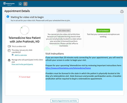 screenshot from MyChart on computer