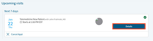 screenshot of MyChart on computer with red box around details button